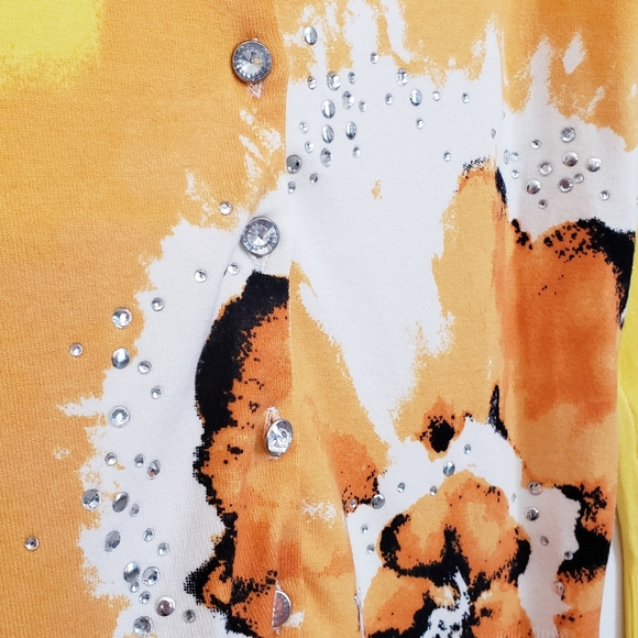 Nue Options Sunshine Yellow/ Autumn Abstract Floral w/Bling Cardigan Sweater - Picture 4 of 12